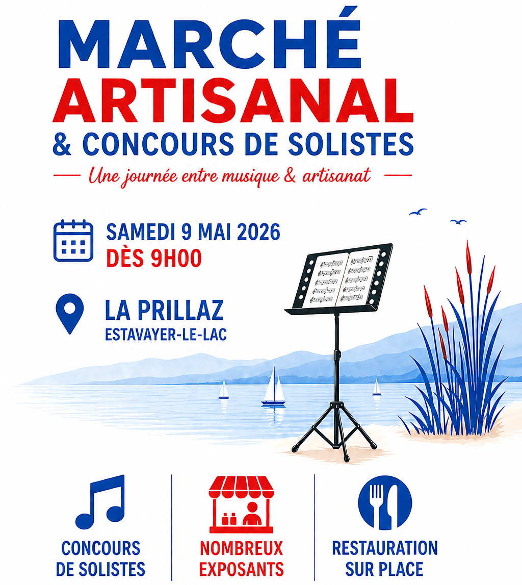 Affiche du Marché artisanal et concours de solistes — Samedi 9 mai 2026, La Prillaz, Estavayer-le-Lac