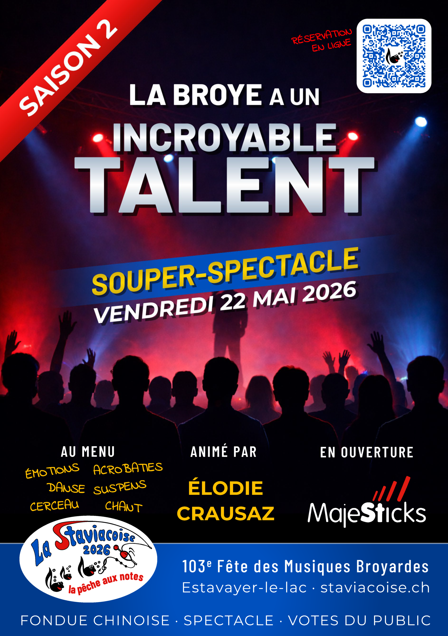 Souper-spectacle La Broye a un Incroyable Talent — Vendredi 22 mai 2026, animé par Elodie Crausaz, en ouverture les MajeSticks Drum Corps